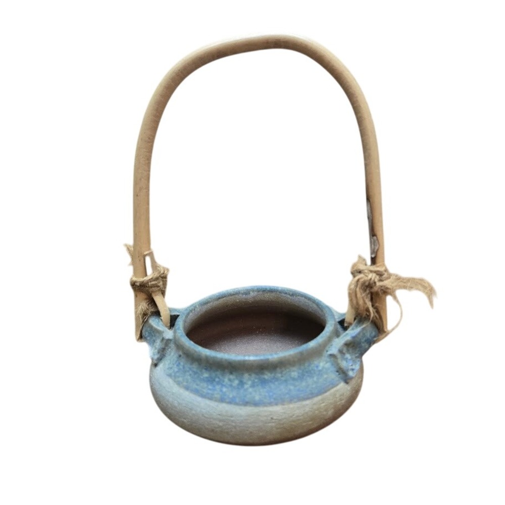 Rustic Pottery Basket Vase‎ Bamboo Handle Blue Glazed Ceramic Aprox 6"